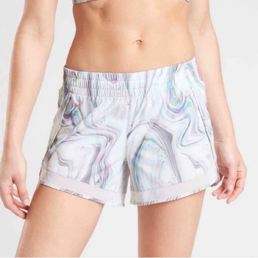 Athleta Water Color Printed Mesh Racer Run Short 4" White Swirl, Size SMALL